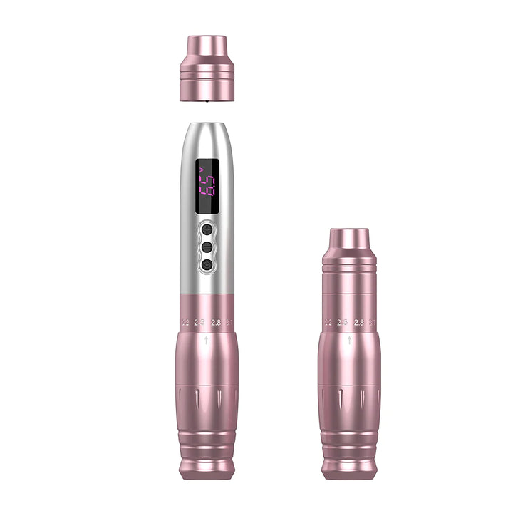 EZ LOLA AIR PRO PMU Pen Wireless tattoo machine in Pink with battery close up