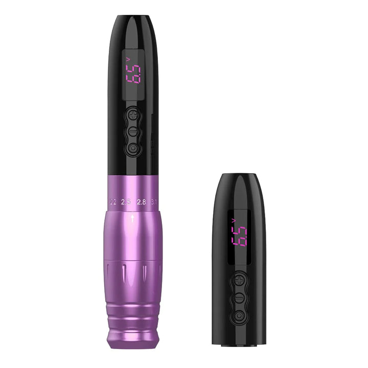 EZ LOLA AIR PRO PMU Pen Wireless tattoo machine in Purple with battery front view