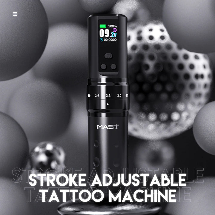 Dragonhawk Wireless Tattoo Machine, Mast Fold 2 Pro 2.4mm to 4.2mm Interchangeable Stroke Lengths, Permanent Makeup Pen, Close up on display