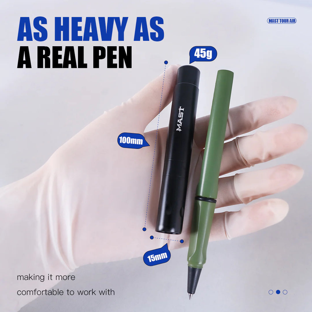 Mast Tour Air Black, Dragonhawk Wireless Tattoo Machine, Mast Tour Air Wireless Tattoo Pen Machine, comparison to real pen
