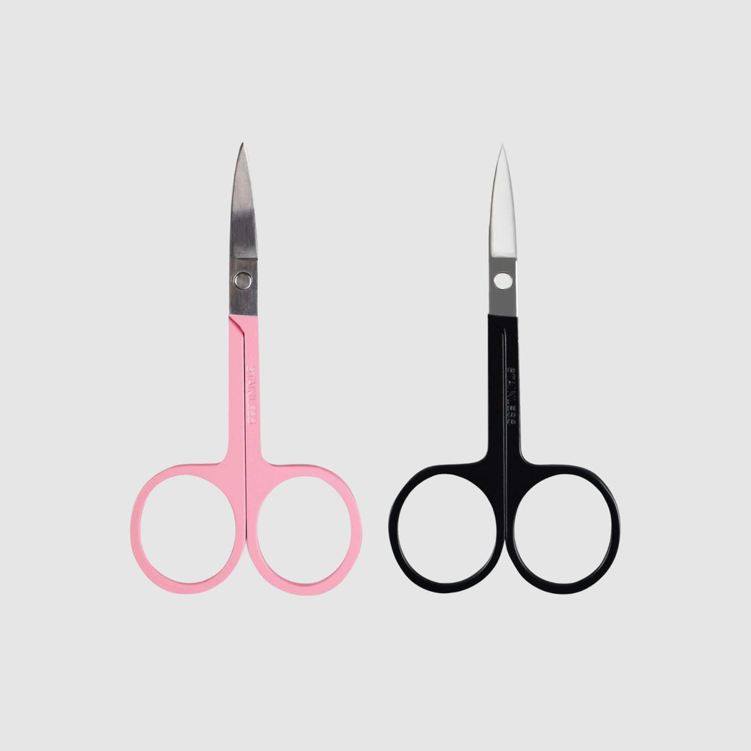 Stainless Steel Brow Scissors in Pink and Black Close up by Toronto Brow Shop