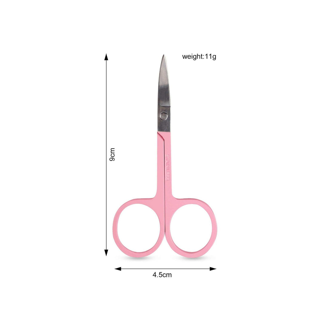 Stainless Steel Brow Scissors in Pink with measurements Close up by Toronto Brow Shop