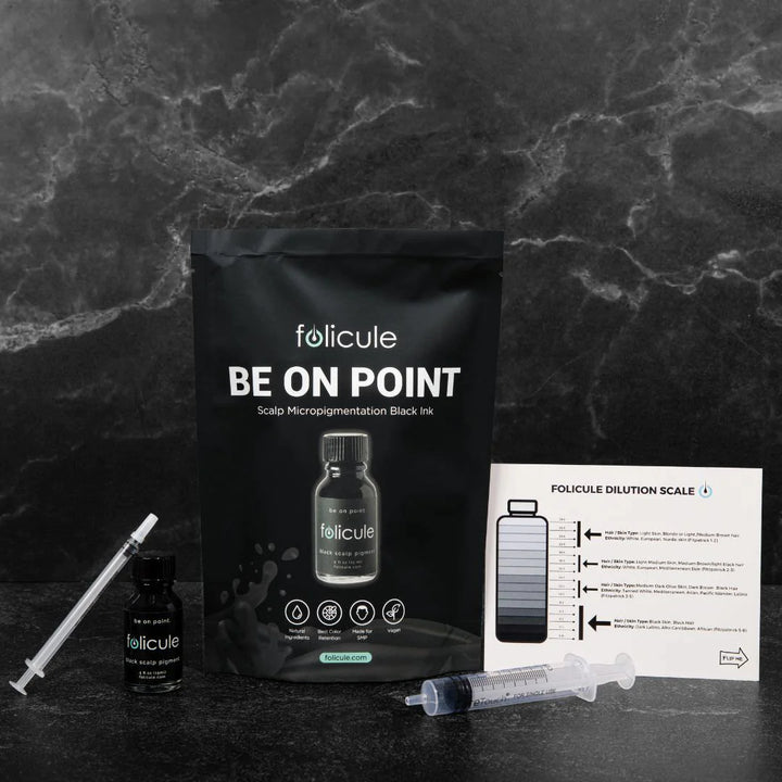 Folicule Black SMP Pigment, Pigment for Scalp Micropigmentation, SMP Pigments, PMU Pigments pigment bottle, packaging, dilution chart