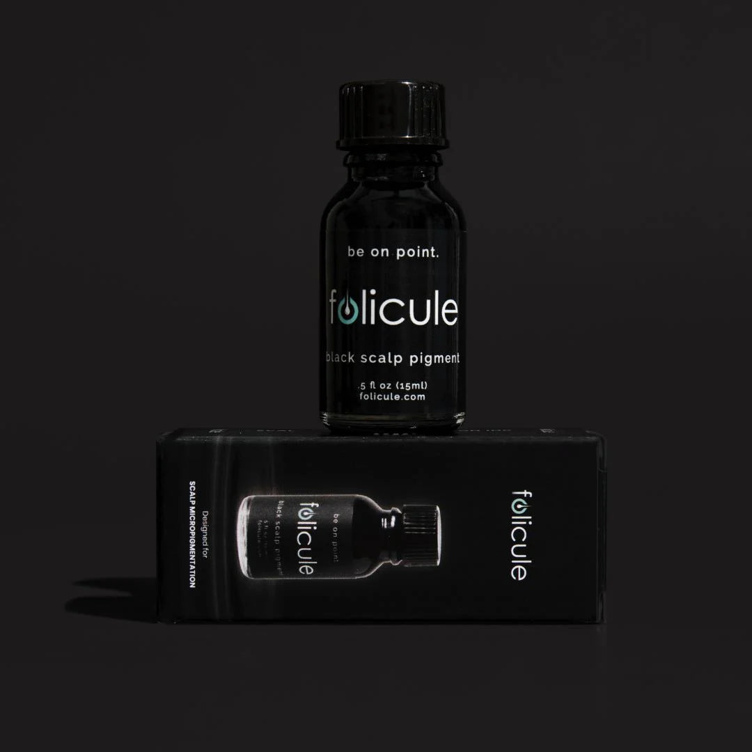 Folicule Black SMP Pigment, Pigment for Scalp Micropigmentation, SMP Pigments, PMU Pigments, pigment bottle and packaging