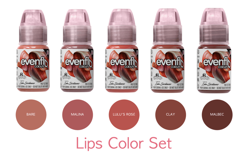 Evenflo Colours Lip Set, Lip pigments for micropigmentation and permanent makeup by Perma Blend front view of Bare, Malina, Lulu's Rose, Clay, Malbec
