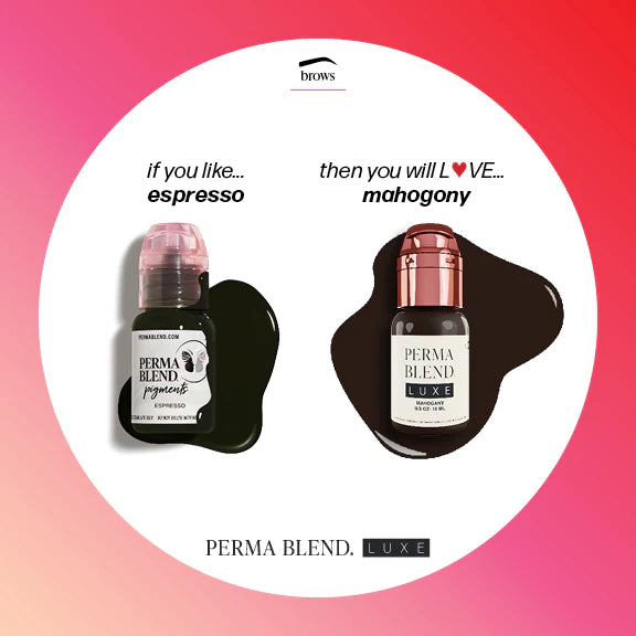 Mahogony Perma Blend Luxe pigment compared to Espresso Perma Blend pigment, permanent makeup eyebrow pigment comparison