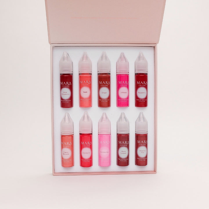 Lip Pigments Set by Mara Colors, Lip Blush pigments, Lip pigments, permanent makeup pigments for micropigmentation, Mara Pro, Mara Colors, Dark Strawberry, Nude, Ginger, Lollipop, Raspberry, Cherry Blossom, Cranberry, Marshmallow, Warm Caramel, Brownie Pink in packaging