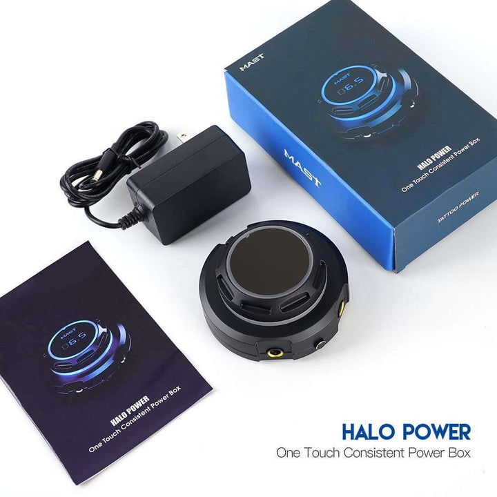 Mast Halo Power Supply, Mast Halo Wireless Tattoo Machine Power Supply front view with packaging